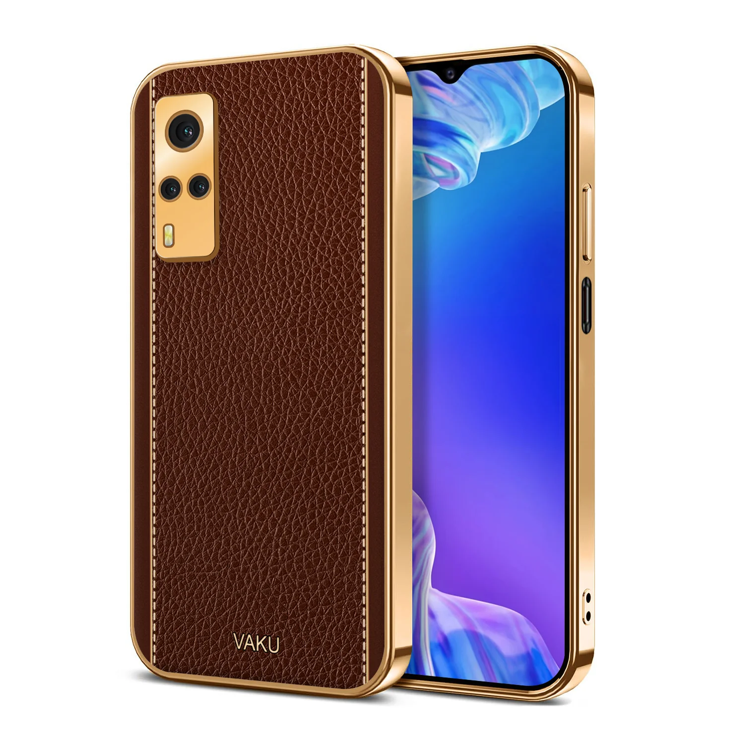 Vaku® Vivo Y53S Luxemberg Series Leather Stitched Gold Electroplated Soft TPU Back Cover - Image 11