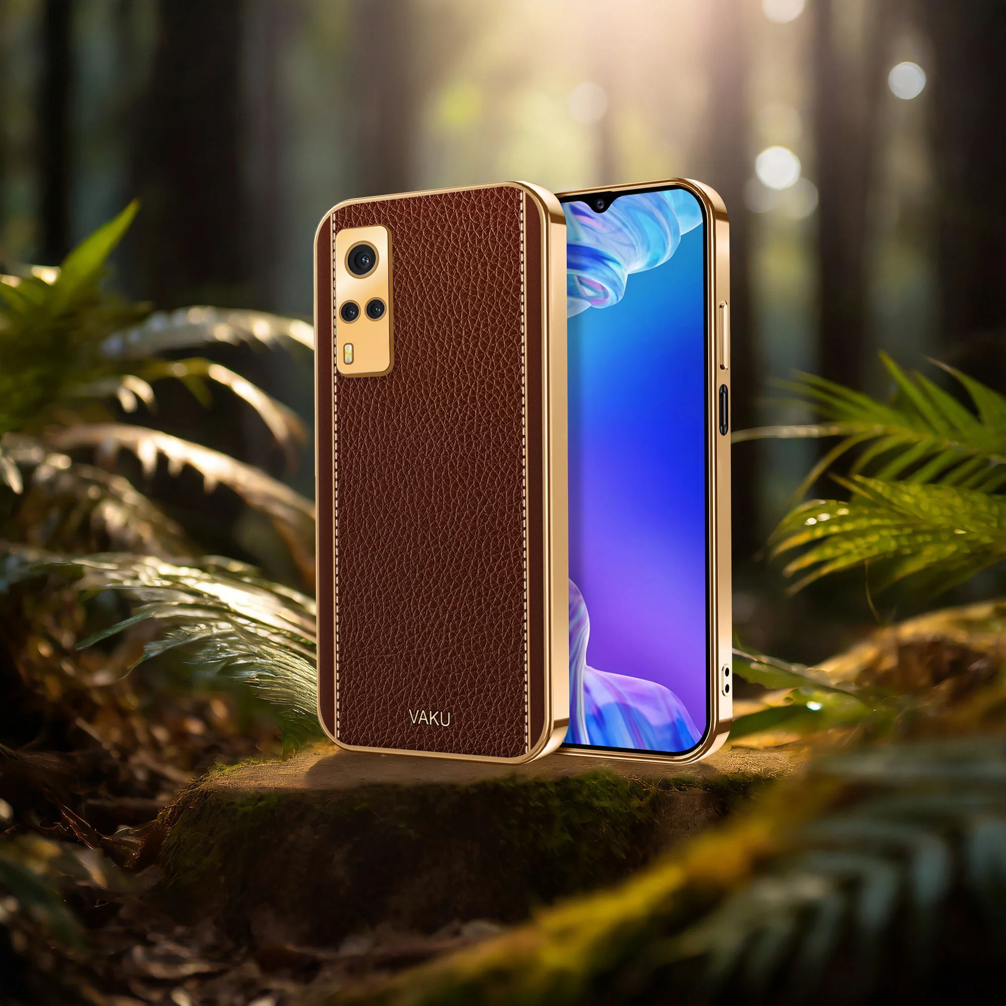 Vaku® Vivo Y53S Luxemberg Series Leather Stitched Gold Electroplated Soft TPU Back Cover - Image 12