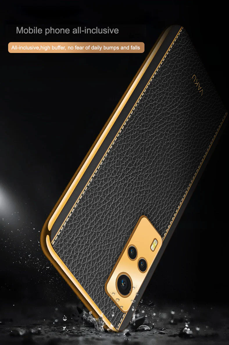 Vaku® Vivo Y53S Luxemberg Series Leather Stitched Gold Electroplated Soft TPU Back Cover - Image 14