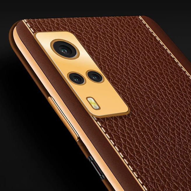 Vaku® Vivo Y53S Luxemberg Series Leather Stitched Gold Electroplated Soft TPU Back Cover - Image 2