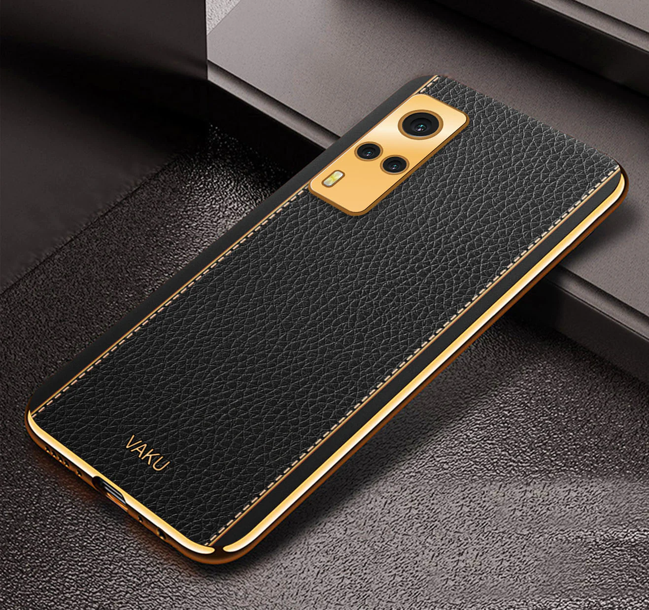 Vaku® Vivo Y53S Luxemberg Series Leather Stitched Gold Electroplated Soft TPU Back Cover - Image 3
