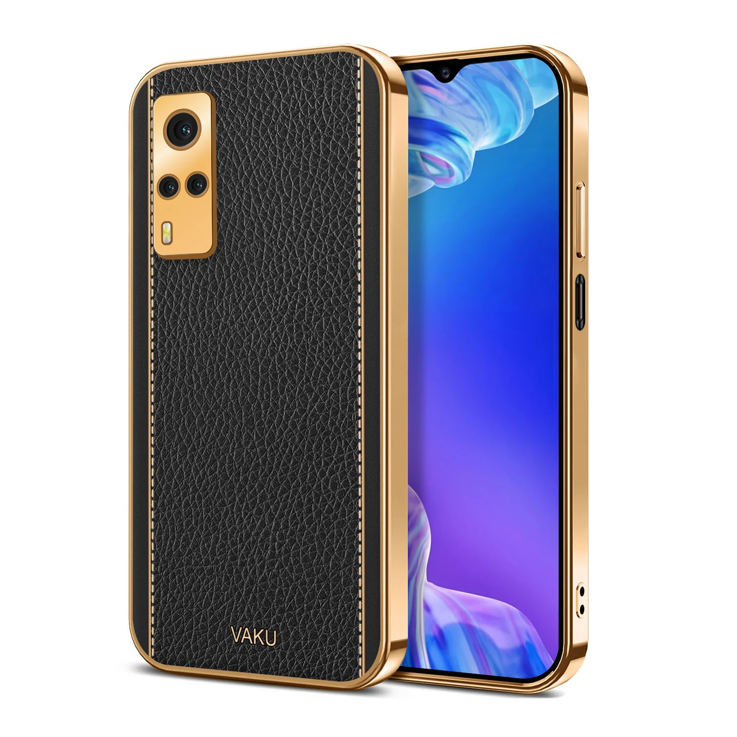 Vaku® Vivo Y53S Luxemberg Series Leather Stitched Gold Electroplated Soft TPU Back Cover - Image 7