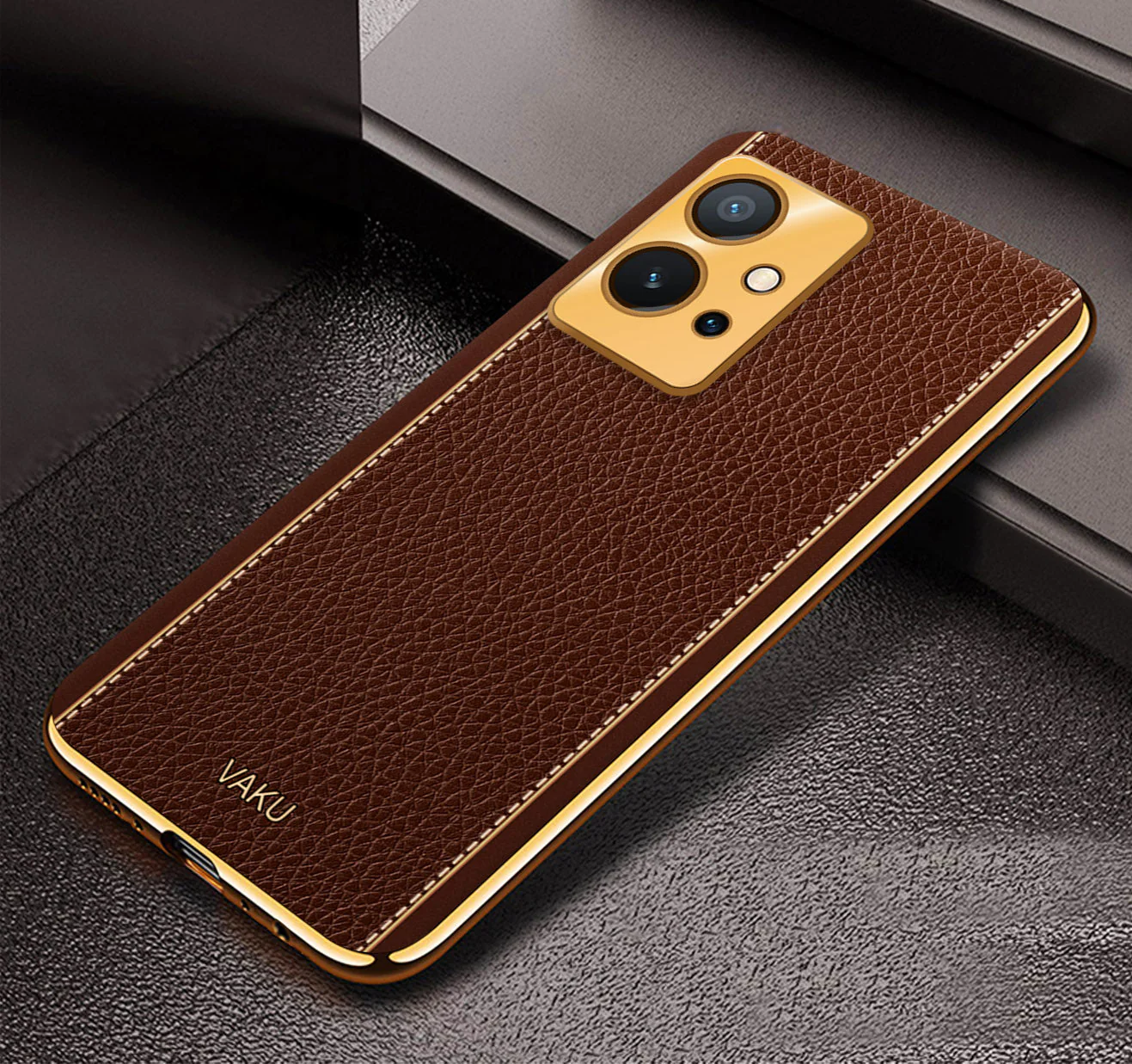Vaku® Vivo Y55s 5G Luxemberg Leather Pattern Gold Electroplated Soft TPU Back Cover