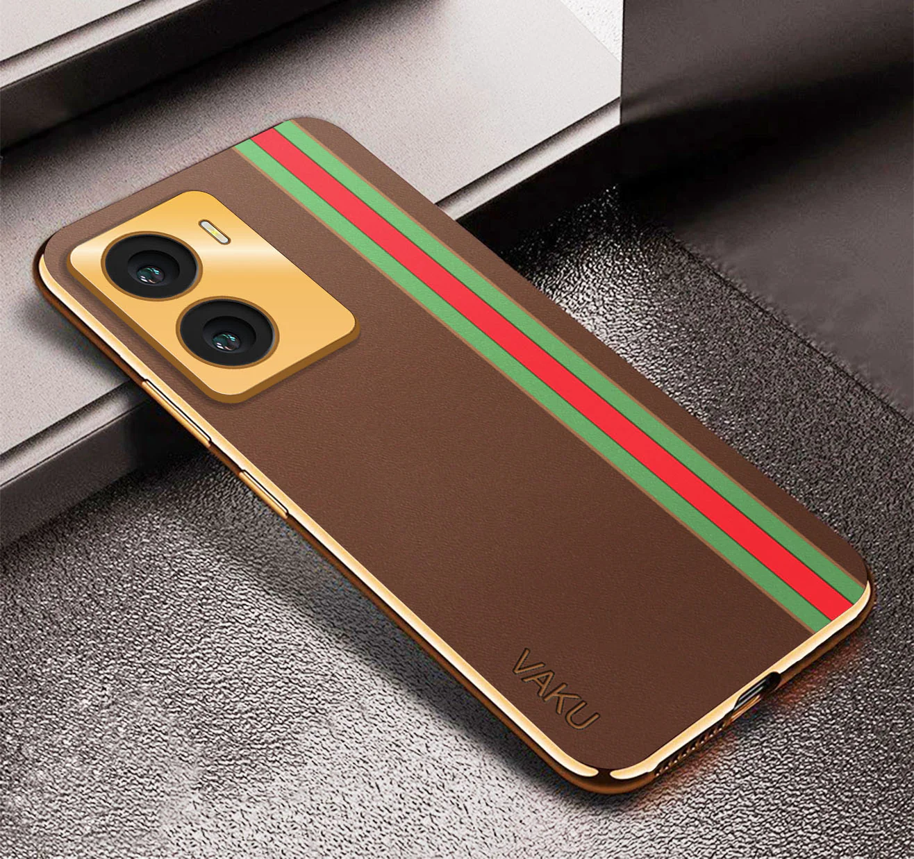 Vaku® Vivo Y56 Felix Line Leather Stitched Gold Electroplated Soft TPU Back Cover Case - Image 11
