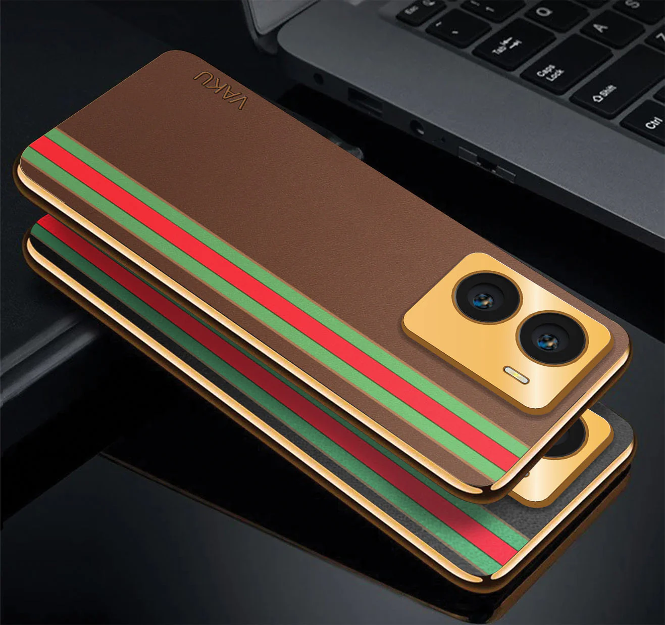 Vaku® Vivo Y56 Felix Line Leather Stitched Gold Electroplated Soft TPU Back Cover Case - Image 12