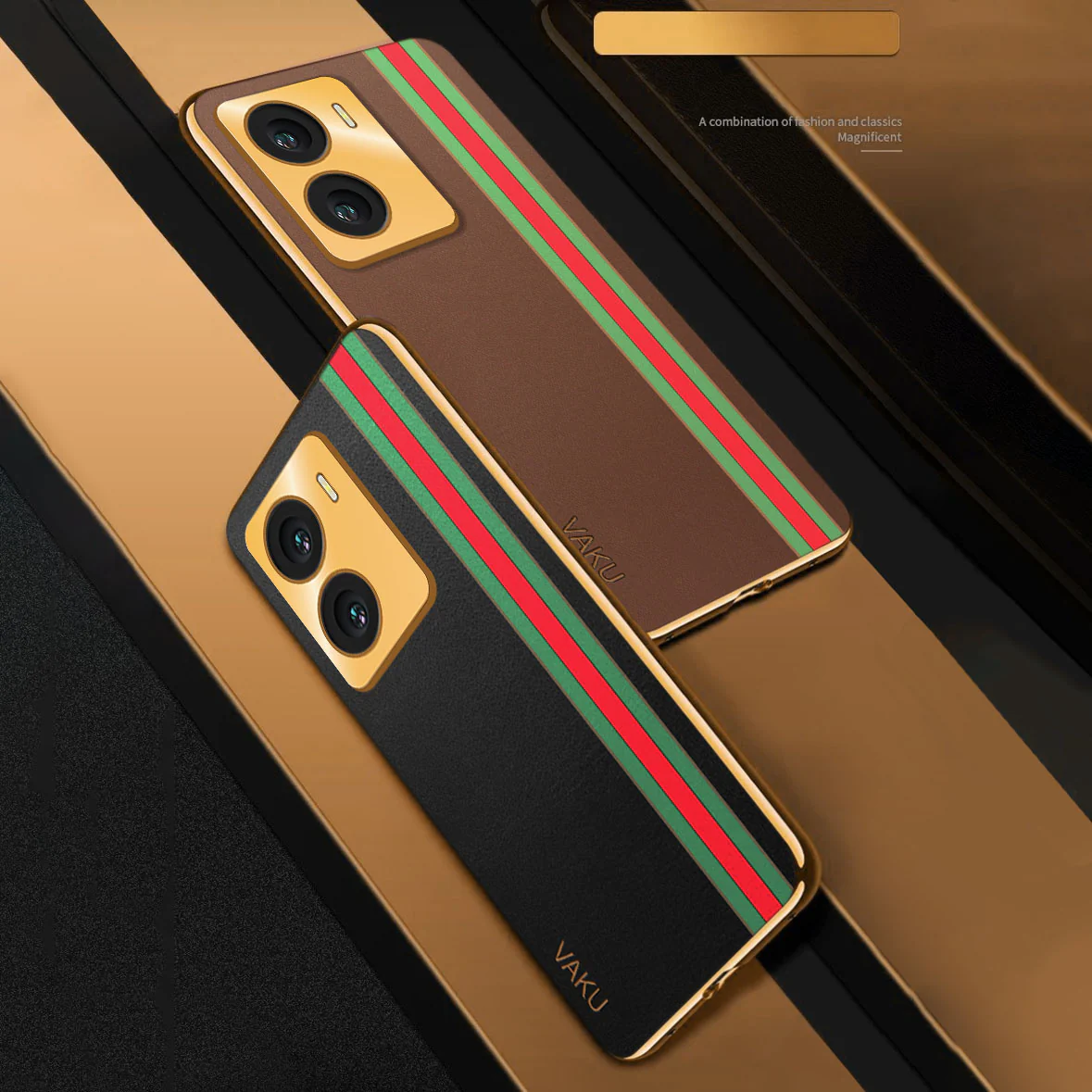 Vaku® Vivo Y56 Felix Line Leather Stitched Gold Electroplated Soft TPU Back Cover Case - Image 13