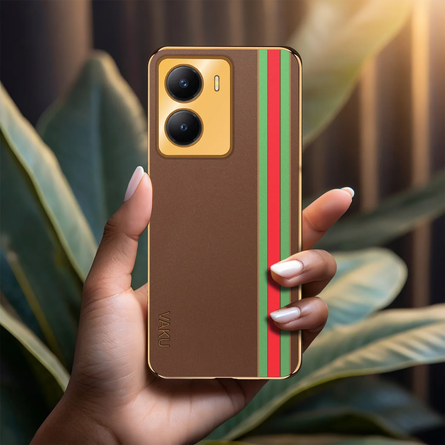 Vaku® Vivo Y56 Felix Line Leather Stitched Gold Electroplated Soft TPU Back Cover Case - Image 15