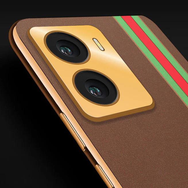Vaku® Vivo Y56 Felix Line Leather Stitched Gold Electroplated Soft TPU Back Cover Case - Image 2