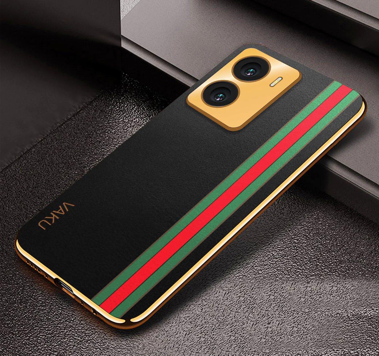 Vaku® Vivo Y56 Felix Line Leather Stitched Gold Electroplated Soft TPU Back Cover Case - Image 4