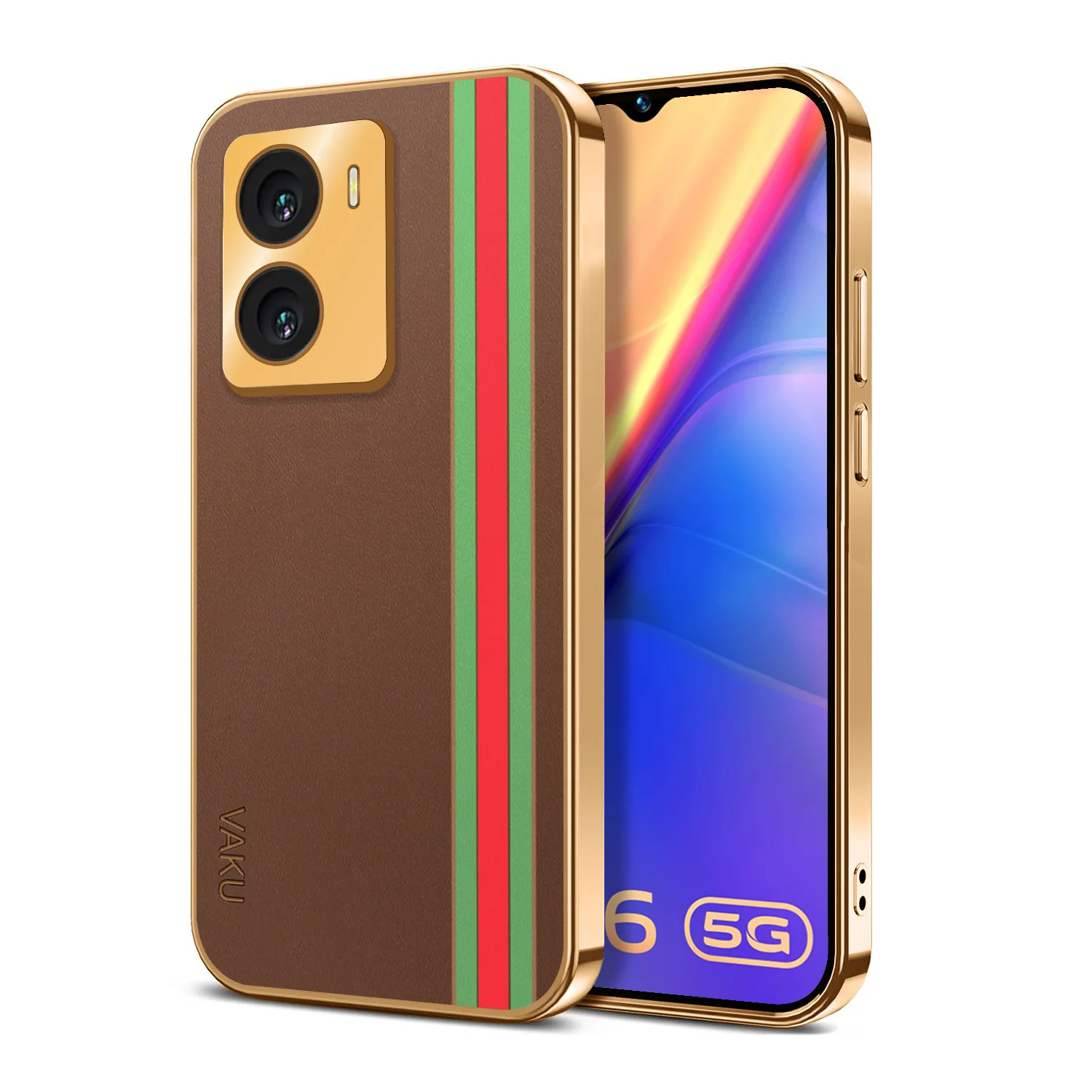 Vaku® Vivo Y56 Felix Line Leather Stitched Gold Electroplated Soft TPU Back Cover Case - Image 5