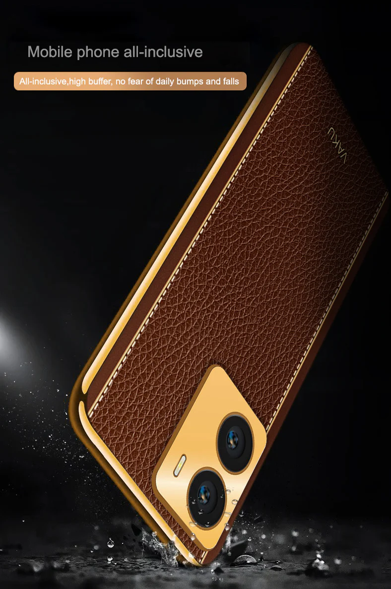 Vaku® Vivo Y56 Luxemberg Series Leather Stitched Gold Electroplated Soft TPU Back Cover - Image 10