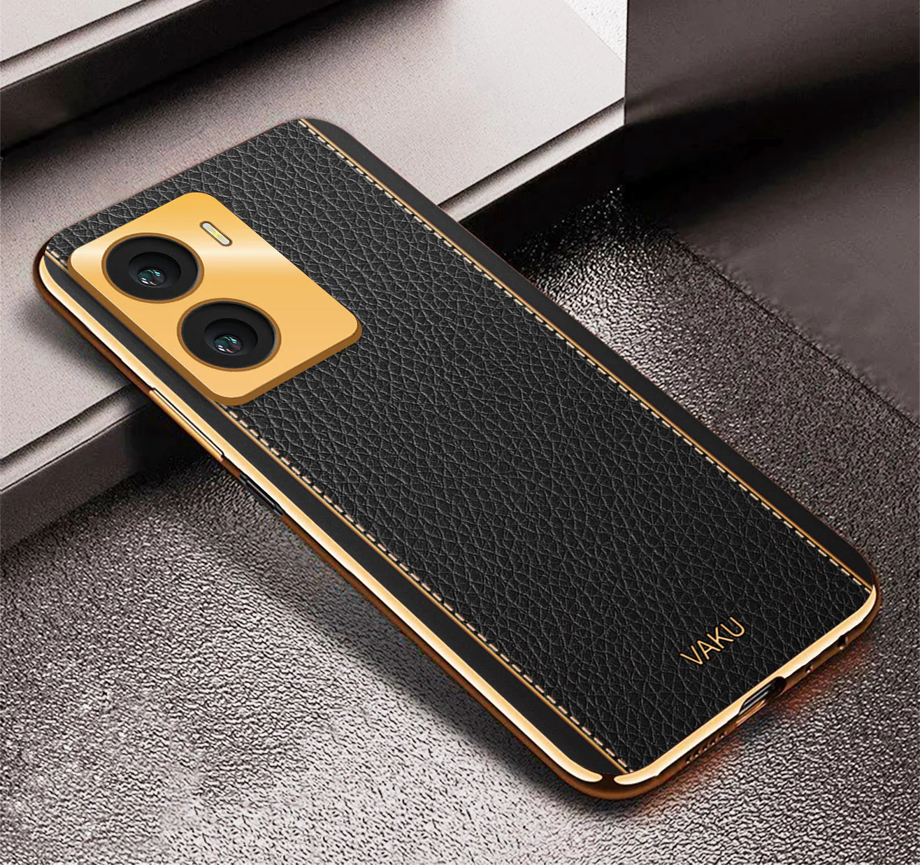 Vaku® Vivo Y56 Luxemberg Series Leather Stitched Gold Electroplated Soft TPU Back Cover - Image 11