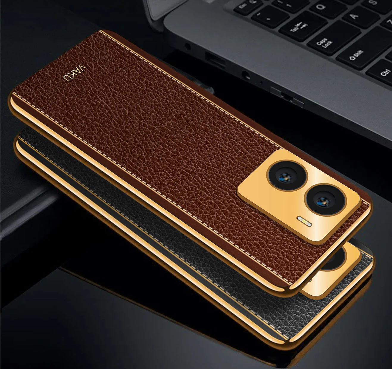 Vaku® Vivo Y56 Luxemberg Series Leather Stitched Gold Electroplated Soft TPU Back Cover - Image 2