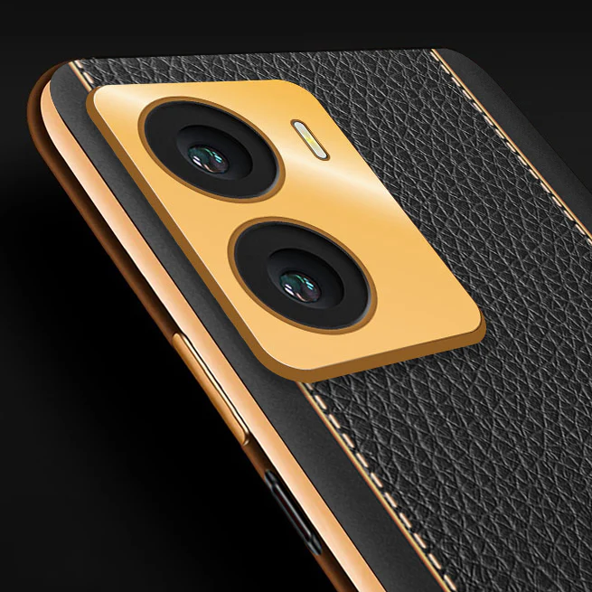 Vaku® Vivo Y56 Luxemberg Series Leather Stitched Gold Electroplated Soft TPU Back Cover - Image 3