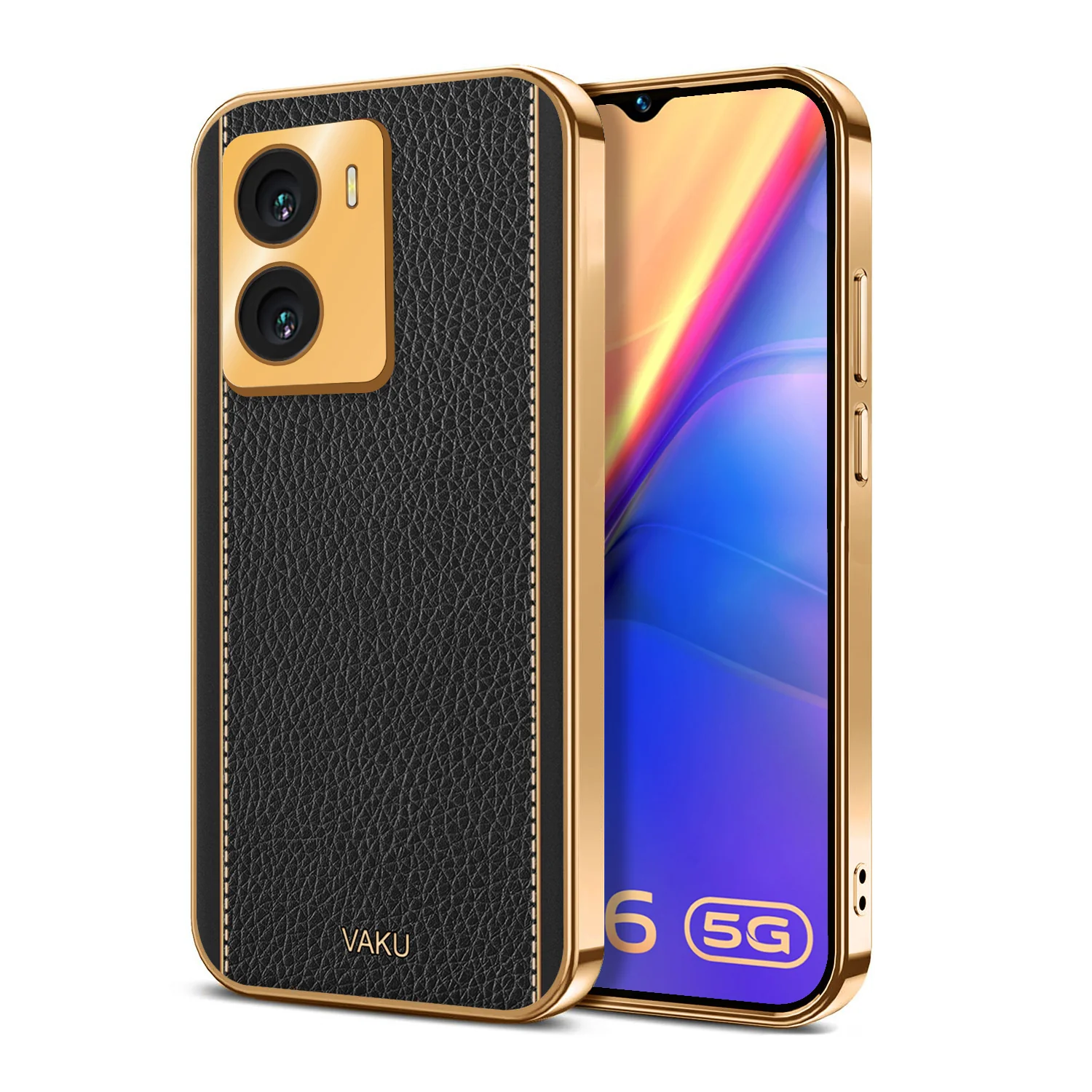 Vaku® Vivo Y56 Luxemberg Series Leather Stitched Gold Electroplated Soft TPU Back Cover - Image 5