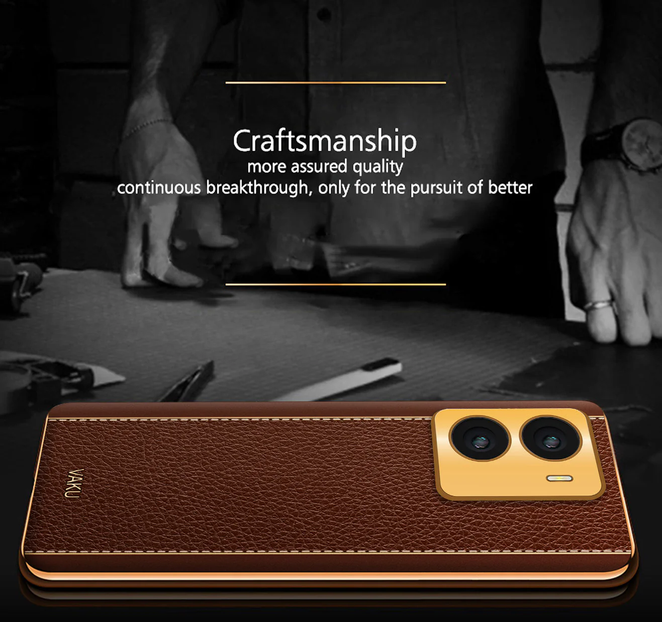 Vaku® Vivo Y56 Luxemberg Series Leather Stitched Gold Electroplated Soft TPU Back Cover - Image 6