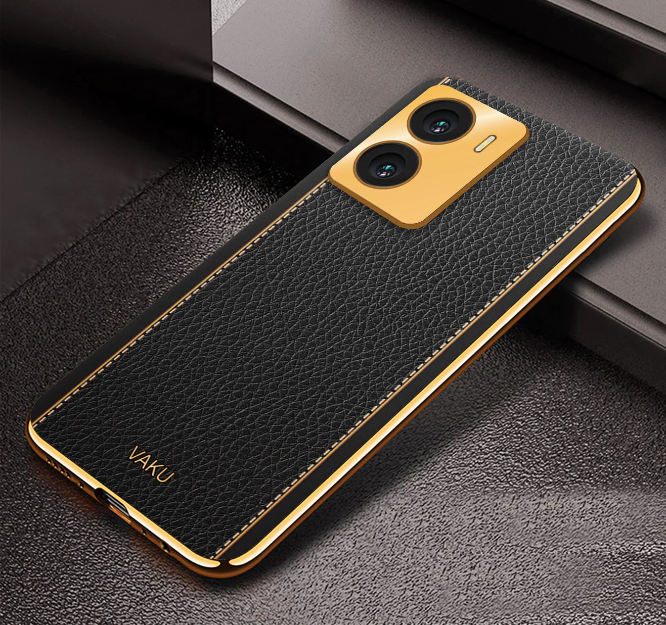 Vaku® Vivo Y56 Luxemberg Series Leather Stitched Gold Electroplated Soft TPU Back Cover - Image 7