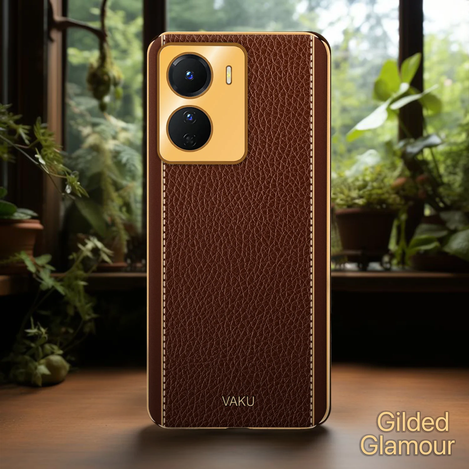 Vaku® Vivo Y56 Luxemberg Series Leather Stitched Gold Electroplated Soft TPU Back Cover - Image 8