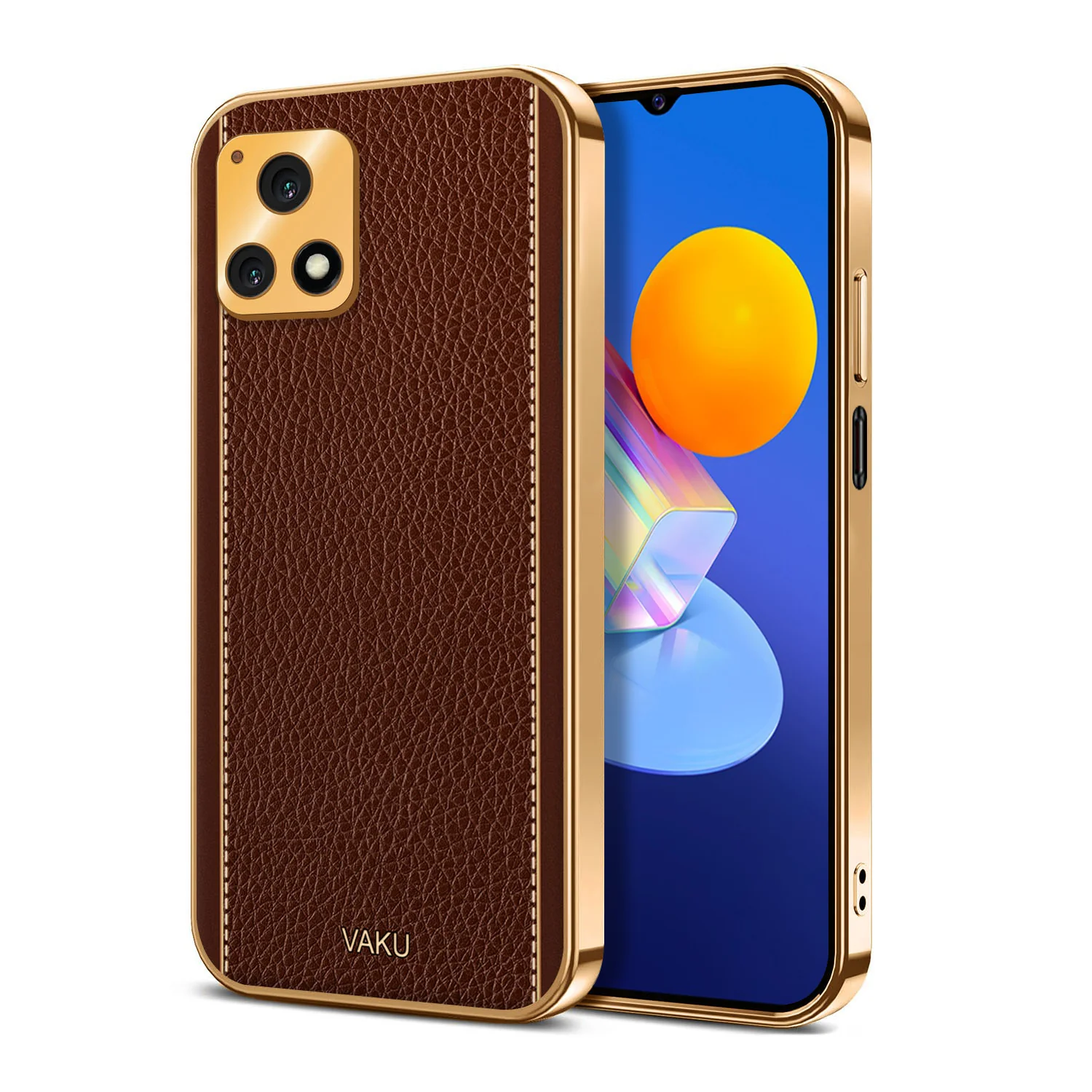Vaku® Vivo Y72 5G Luxemberg Series Leather Stitched Gold Electroplated Soft TPU Back Cover - Image 10