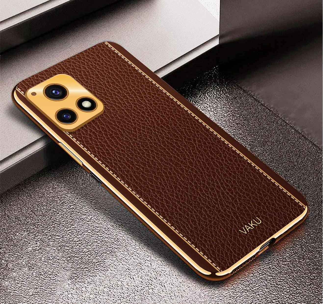 Vaku® Vivo Y72 5G Luxemberg Series Leather Stitched Gold Electroplated Soft TPU Back Cover - Image 8