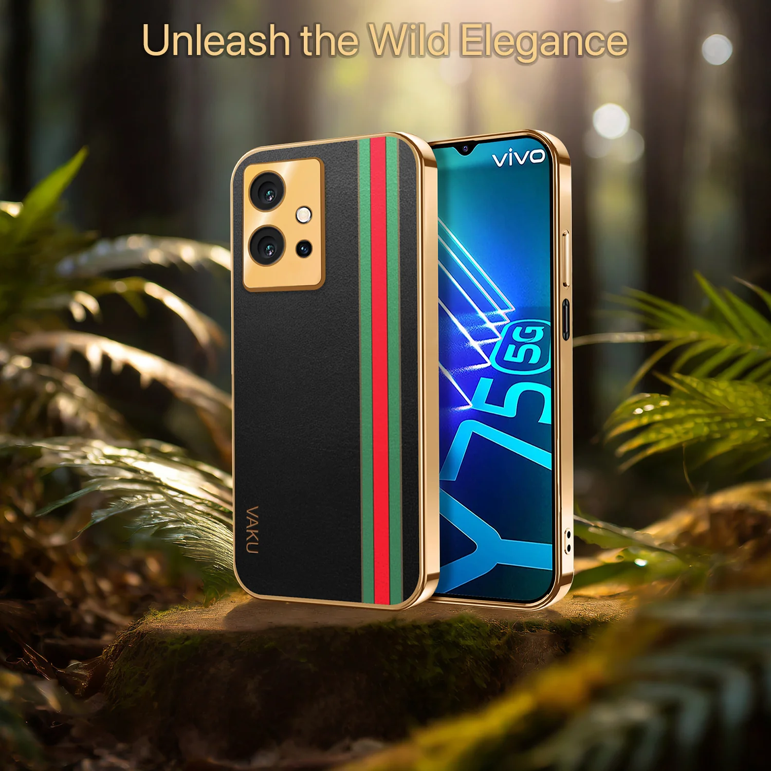 Vaku ® Vivo Y75 5G Felix Line Leather Stitched Gold Electroplated Soft TPU Back Cover Case - Image 11