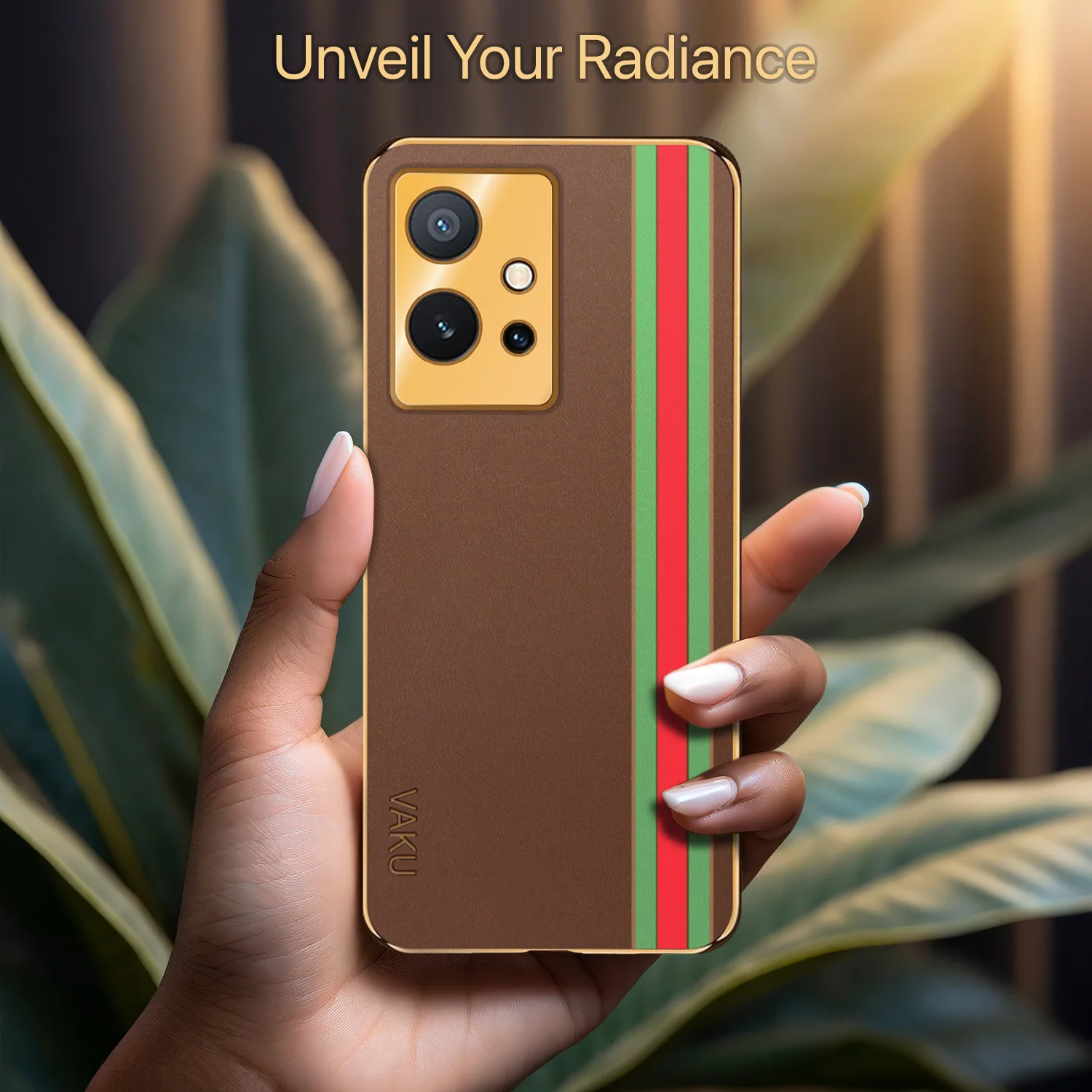 Vaku ® Vivo Y75 5G Felix Line Leather Stitched Gold Electroplated Soft TPU Back Cover Case - Image 8