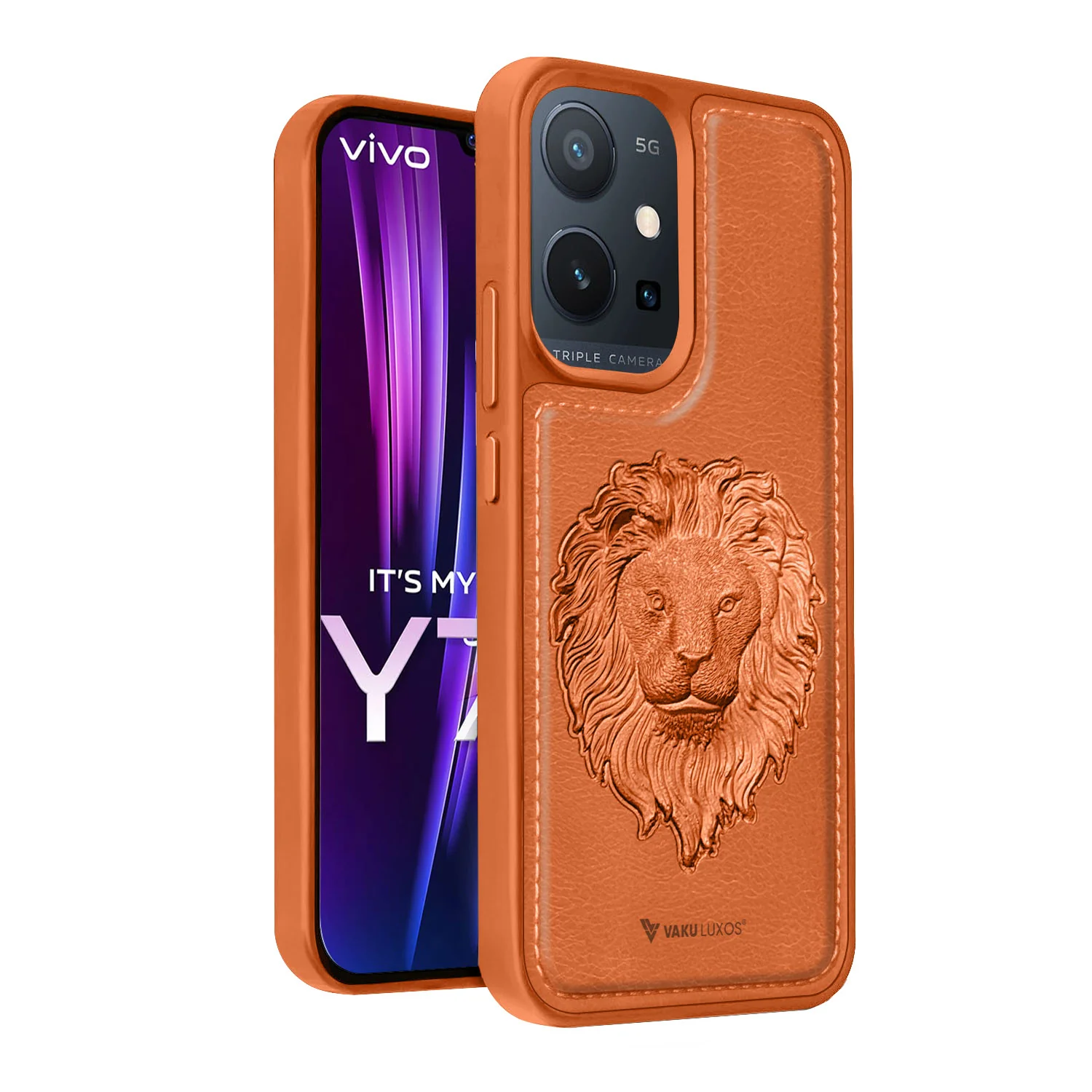 Vaku ® Vivo Y75 5G Lion Embossed Luxury Designer Leather Back Cover