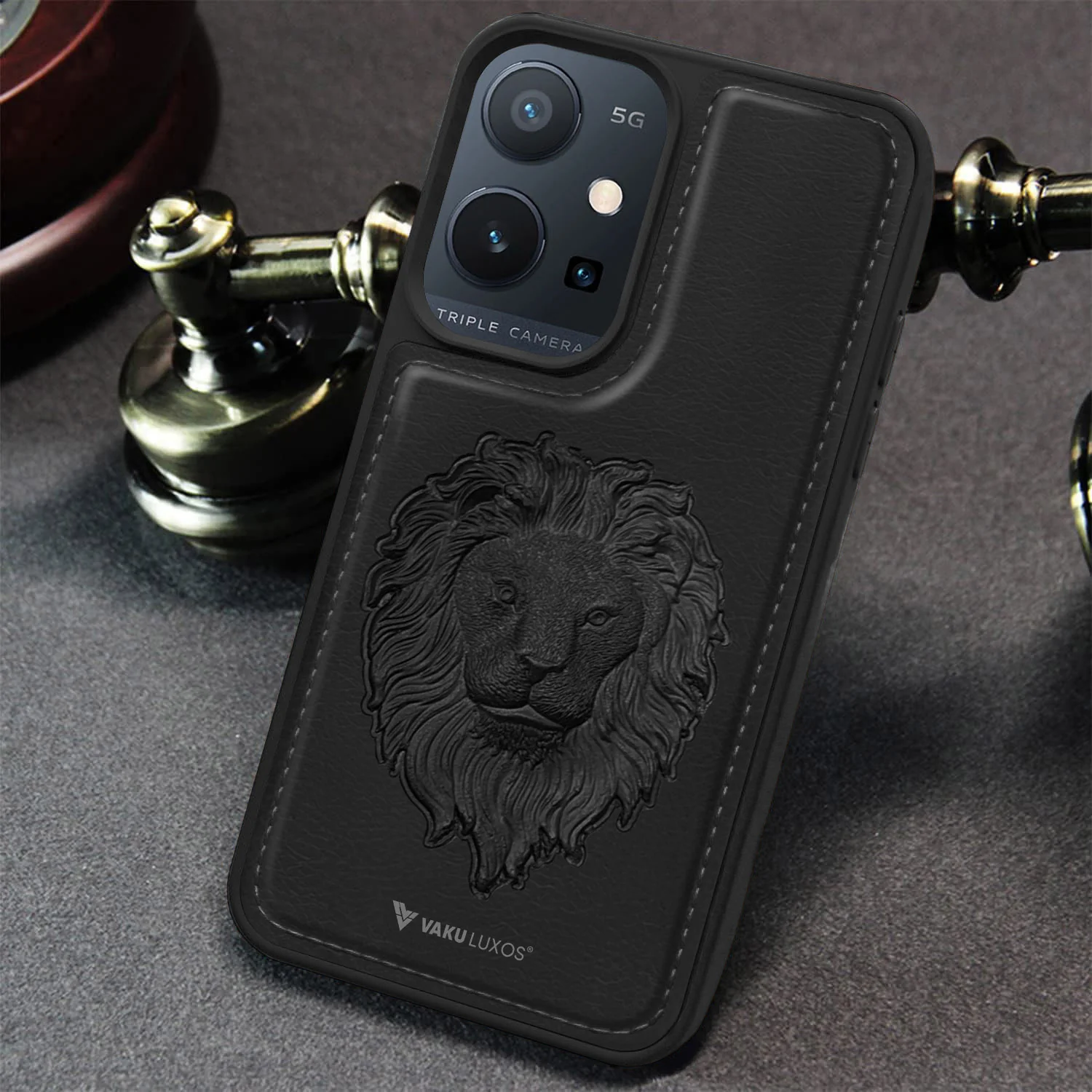 Vaku ® Vivo Y75 5G Lion Embossed Luxury Designer Leather Back Cover - Image 5