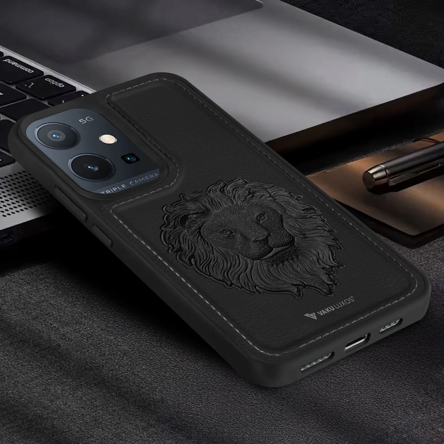 Vaku ® Vivo Y75 5G Lion Embossed Luxury Designer Leather Back Cover - Image 7