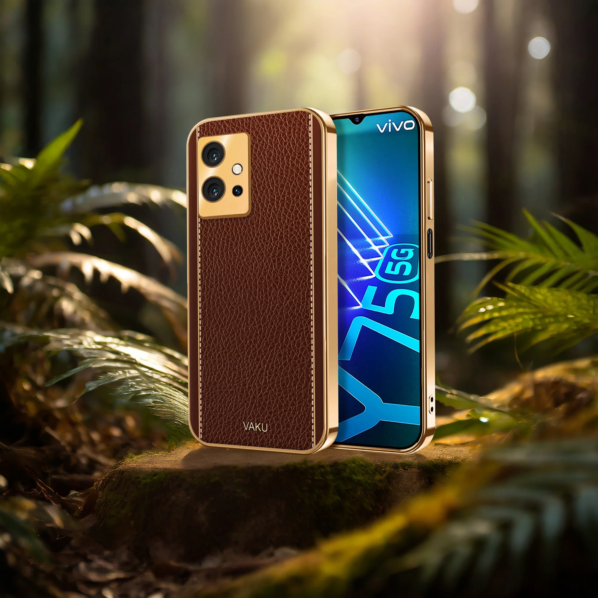 Vaku® Vivo Y75 5G Luxemberg Series Leather Stitched Gold Electroplated Soft TPU Back Cover - Image 10