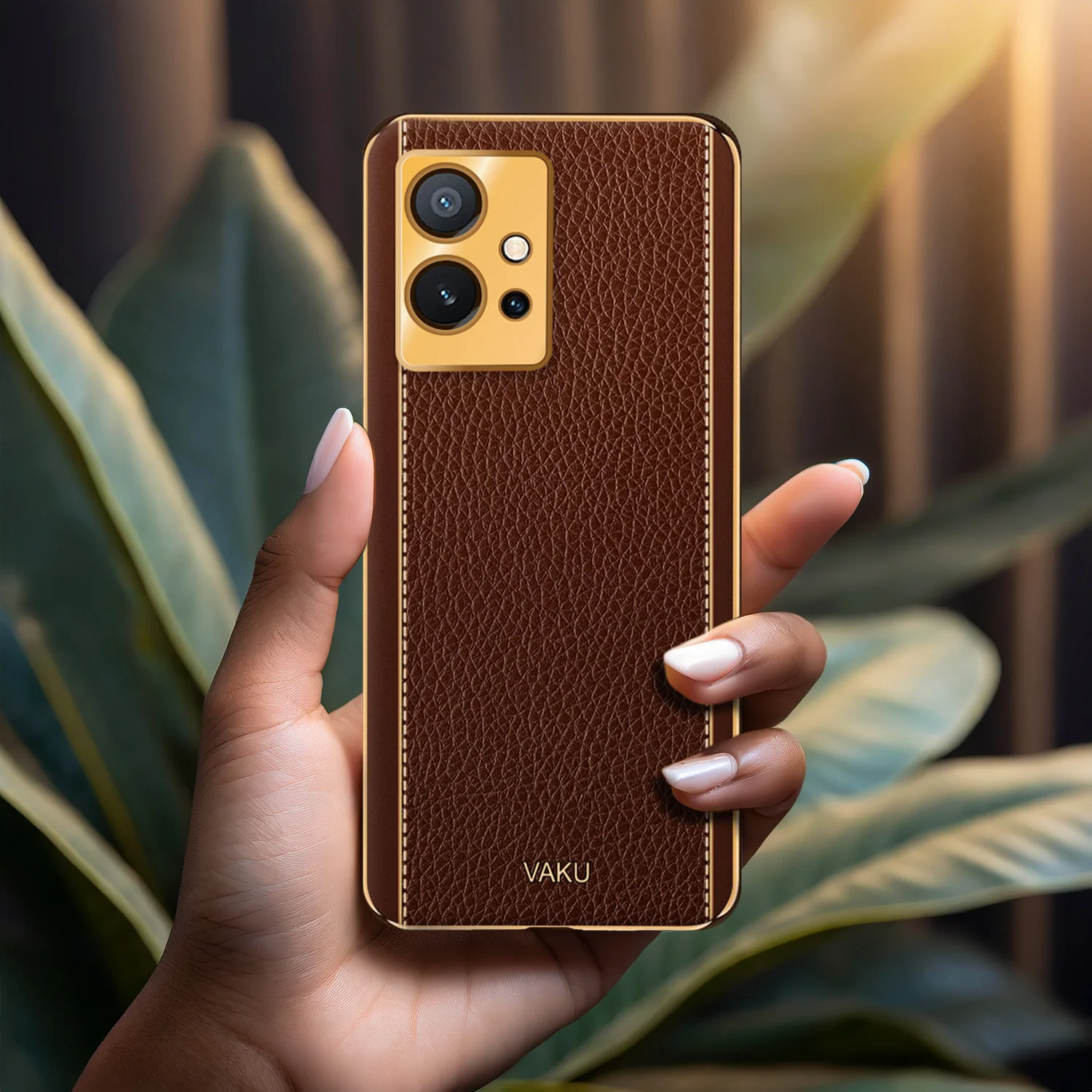 Vaku® Vivo Y75 5G Luxemberg Series Leather Stitched Gold Electroplated Soft TPU Back Cover - Image 11