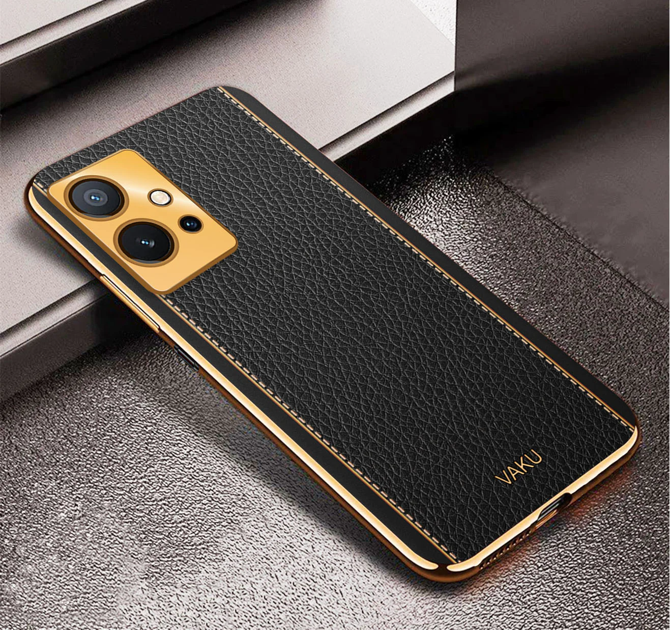 Vaku® Vivo Y75 5G Luxemberg Series Leather Stitched Gold Electroplated Soft TPU Back Cover - Image 12