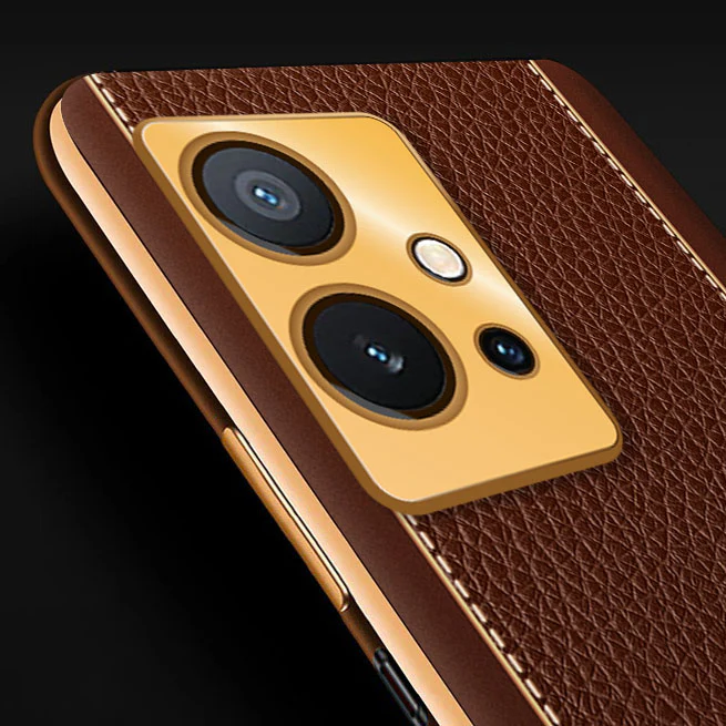 Vaku® Vivo Y75 5G Luxemberg Series Leather Stitched Gold Electroplated Soft TPU Back Cover - Image 2