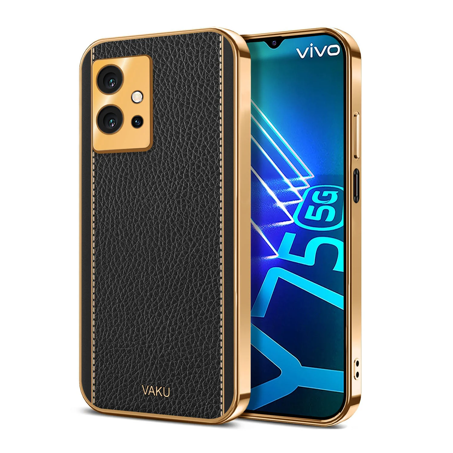 Vaku® Vivo Y75 5G Luxemberg Series Leather Stitched Gold Electroplated Soft TPU Back Cover - Image 4