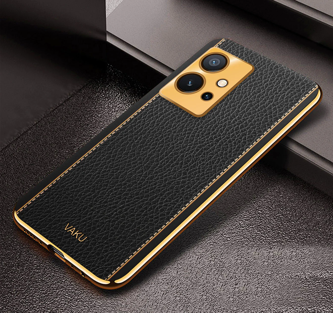 Vaku® Vivo Y75 5G Luxemberg Series Leather Stitched Gold Electroplated Soft TPU Back Cover - Image 5