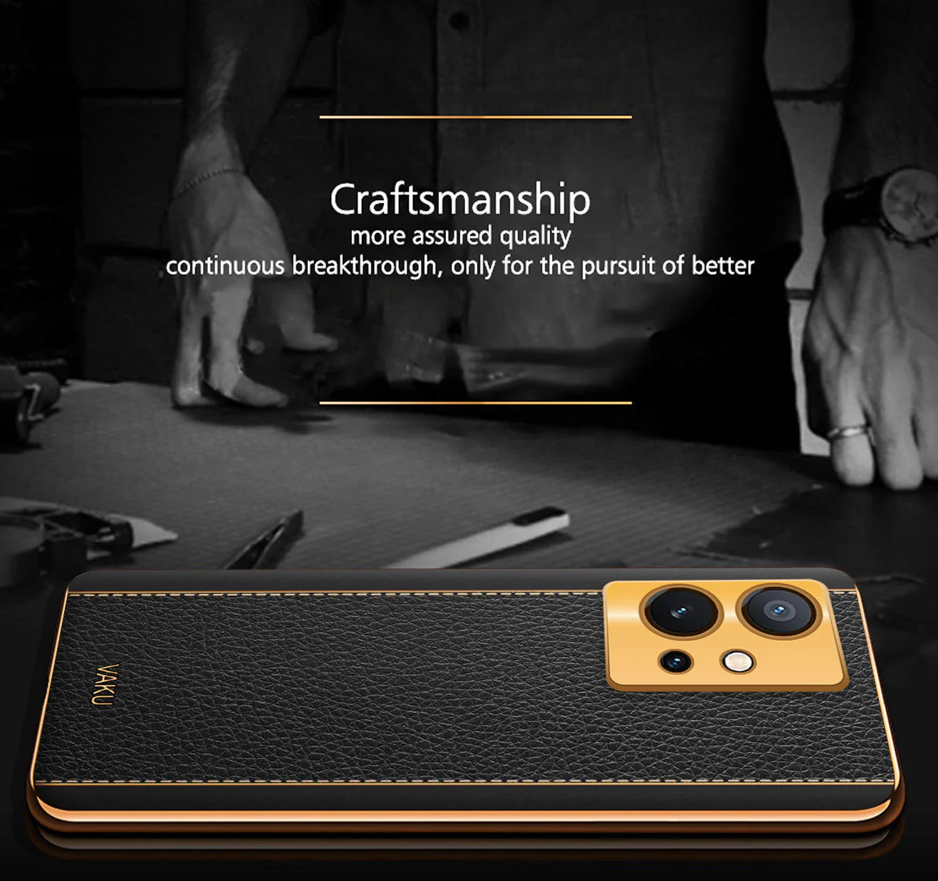 Vaku® Vivo Y75 5G Luxemberg Series Leather Stitched Gold Electroplated Soft TPU Back Cover - Image 6