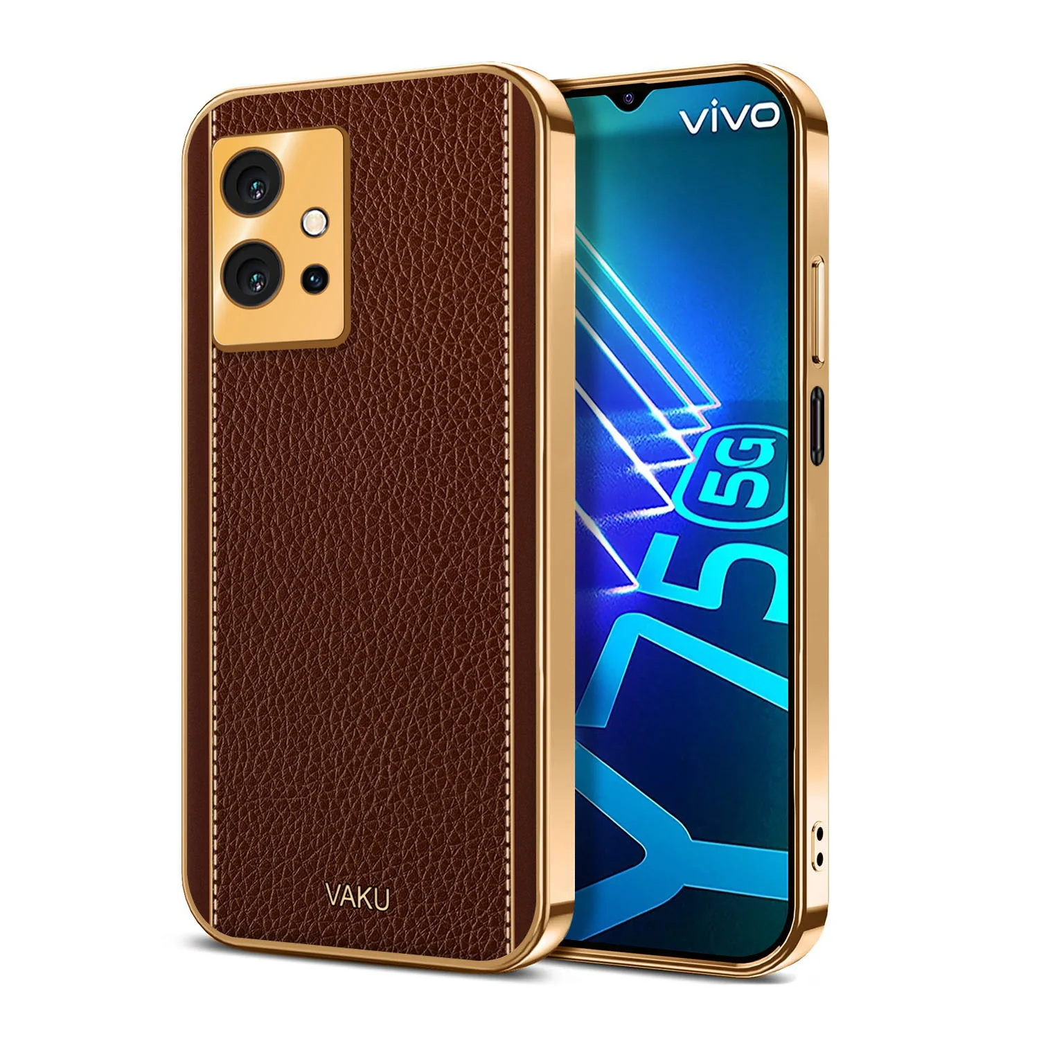 Vaku® Vivo Y75 5G Luxemberg Series Leather Stitched Gold Electroplated Soft TPU Back Cover - Image 9