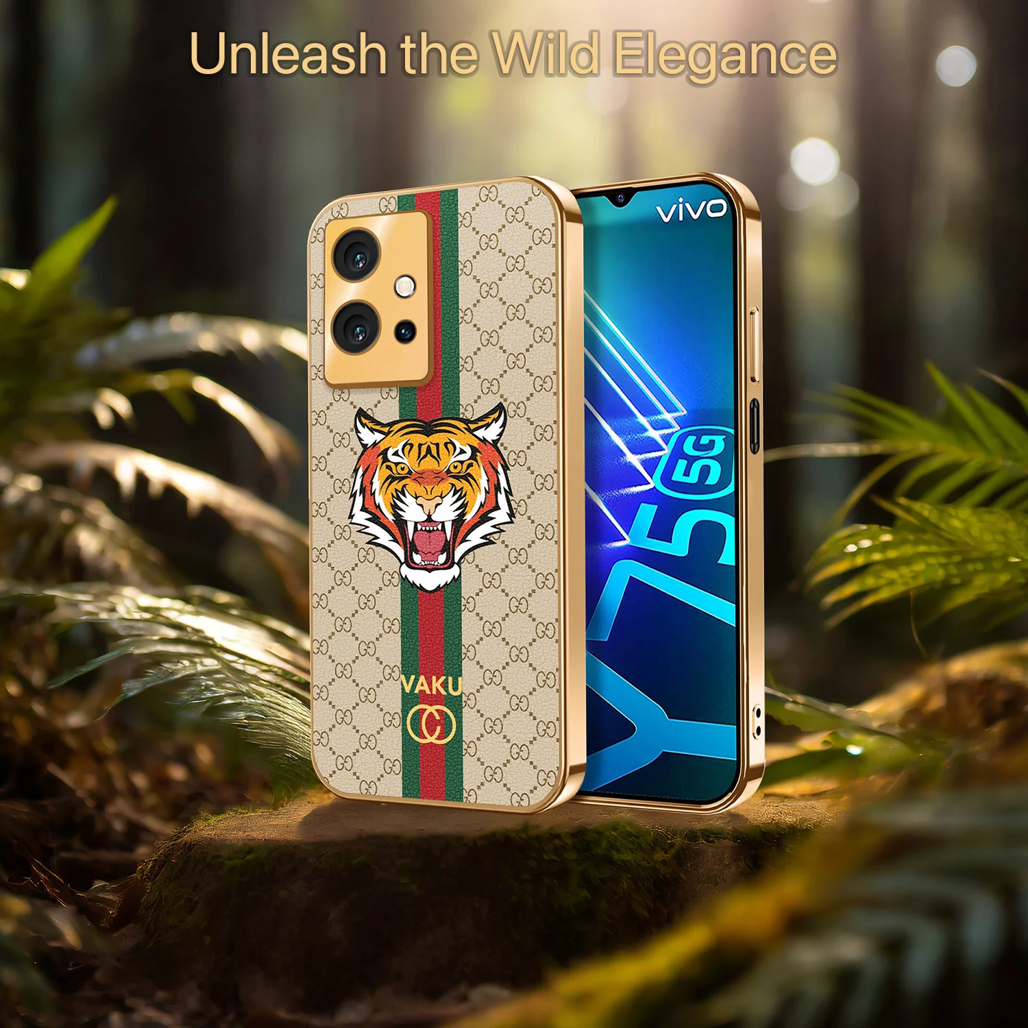 Vaku ® Vivo Y75 5G Lynx Designer Leather Pattern Gold Electroplated Soft TPU Back Cover Case - Image 18