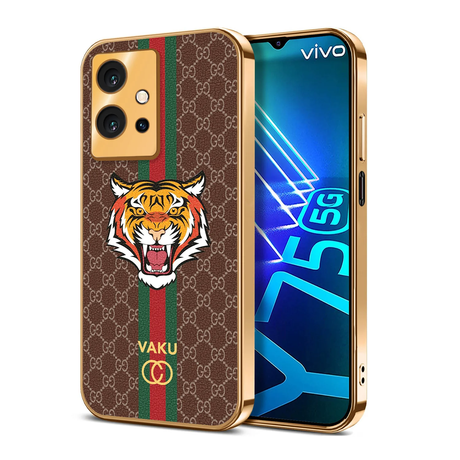 Vaku ® Vivo Y75 5G Lynx Designer Leather Pattern Gold Electroplated Soft TPU Back Cover Case - Image 3