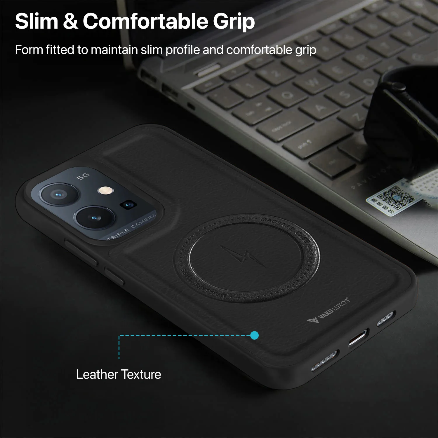 Vaku ® Vivo Y75 5G Maxtron Leather Stitched Magnetic Magsafe Back Cover - Image 6
