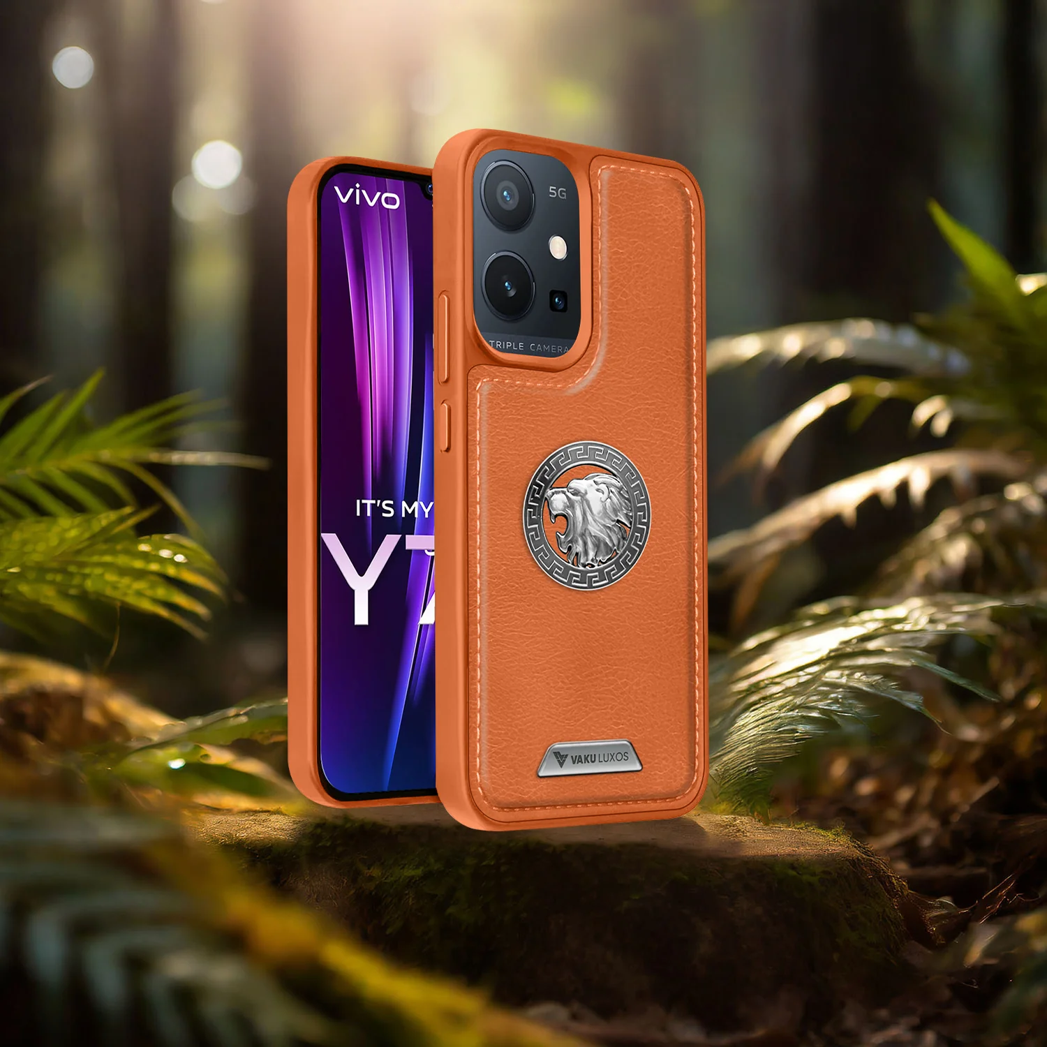 Vaku ® Vivo Y75 5G Regal Shield Metal Lion Engraved Leather Back Cover - Image 11