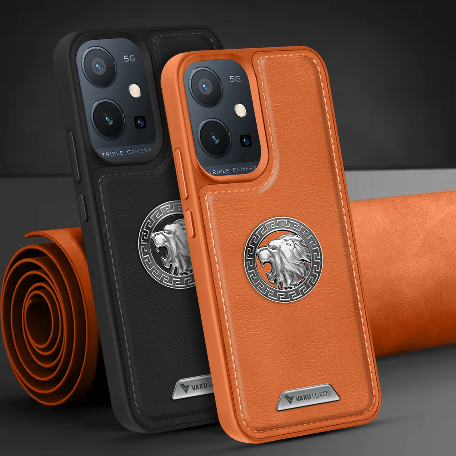 Vaku ® Vivo Y75 5G Regal Shield Metal Lion Engraved Leather Back Cover - Image 12