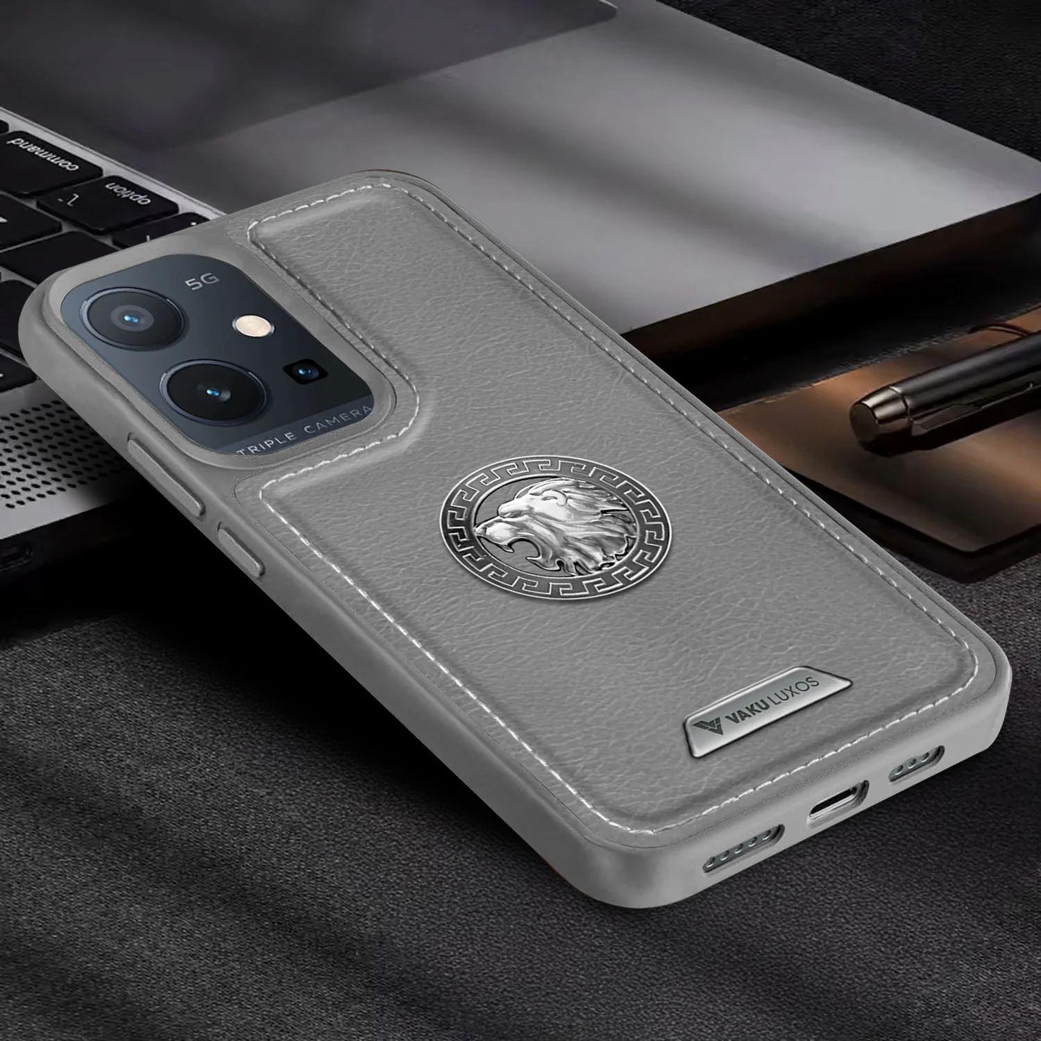Vaku ® Vivo Y75 5G Regal Shield Metal Lion Engraved Leather Back Cover - Image 14