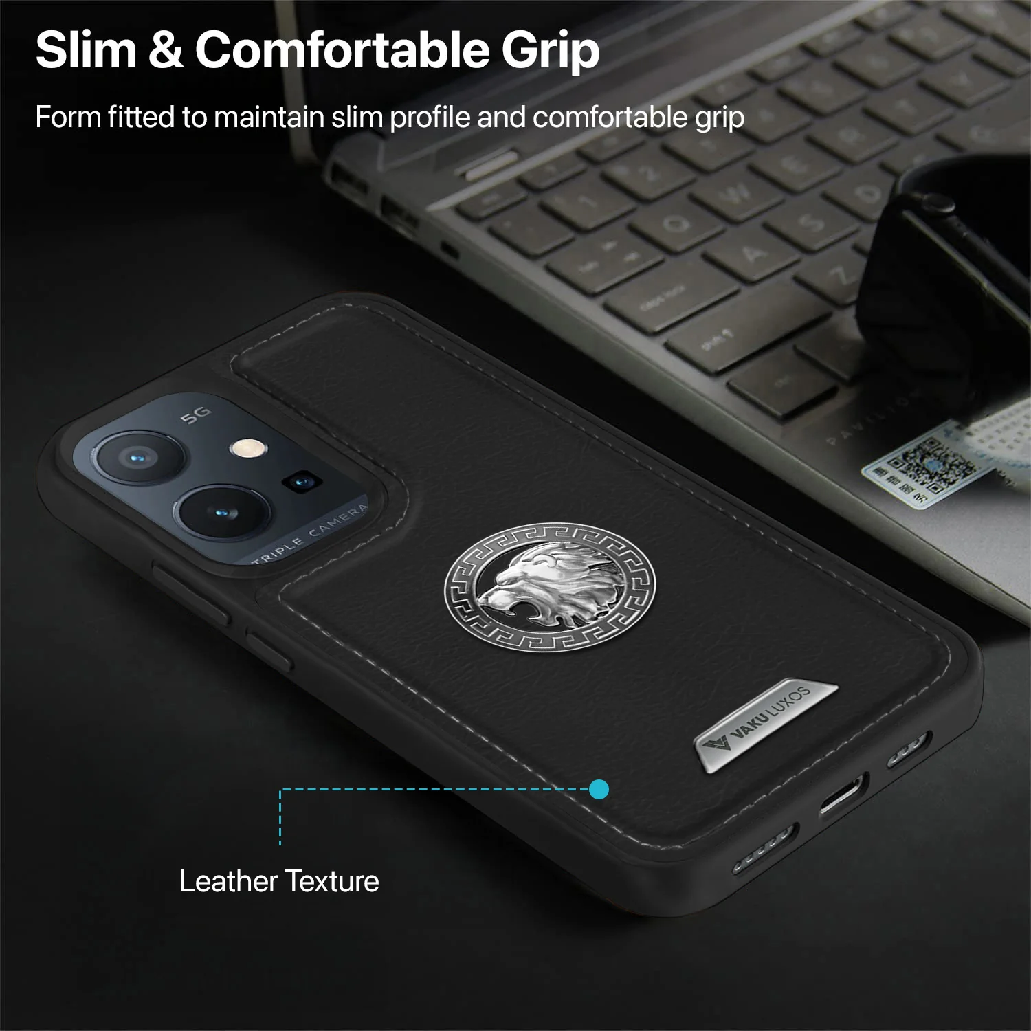 Vaku ® Vivo Y75 5G Regal Shield Metal Lion Engraved Leather Back Cover - Image 15