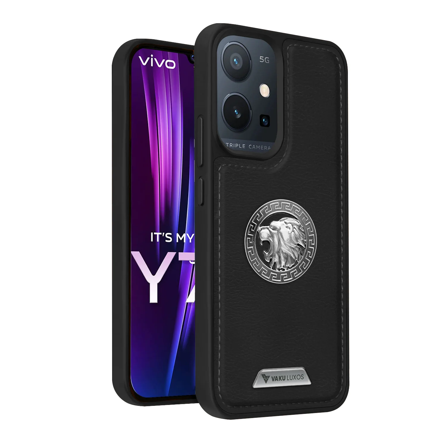 Vaku ® Vivo Y75 5G Regal Shield Metal Lion Engraved Leather Back Cover - Image 2