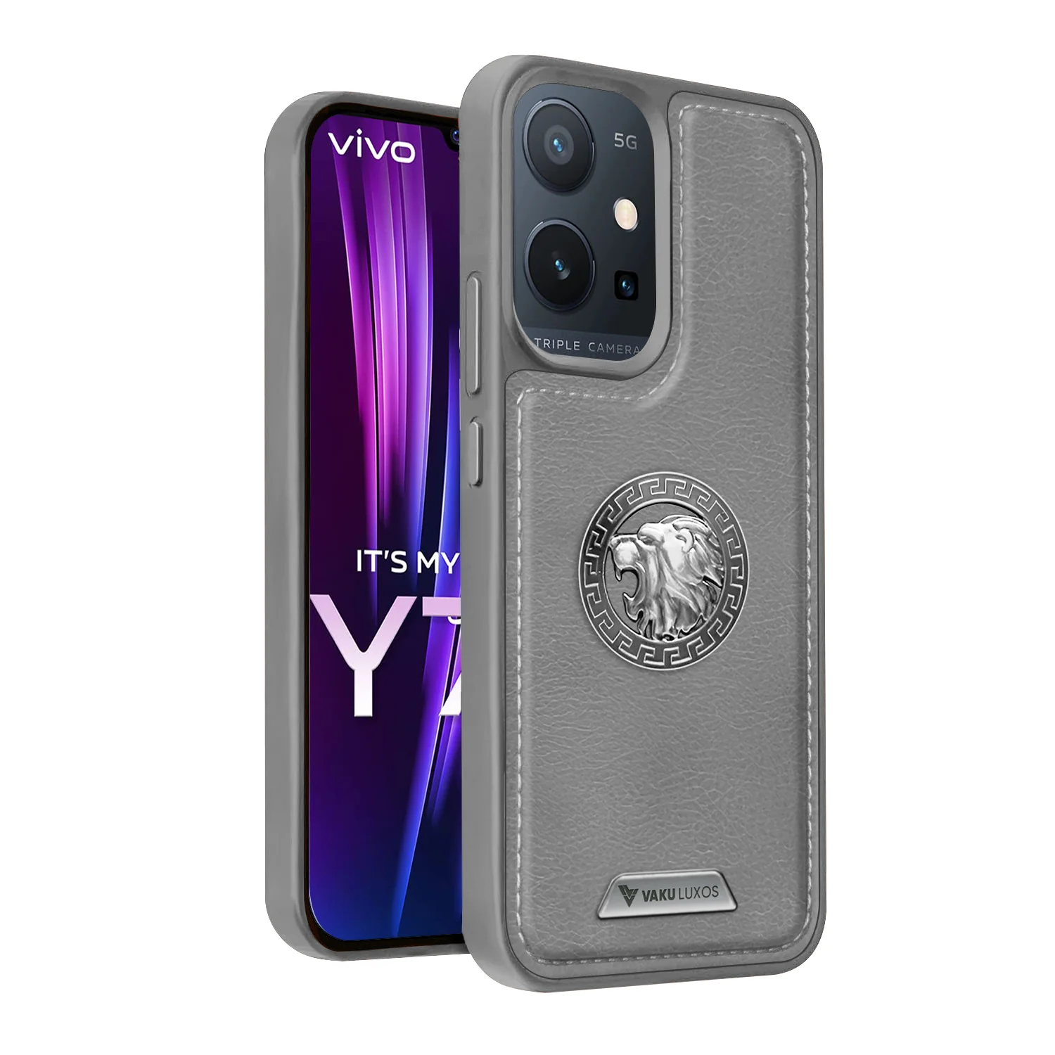 Vaku ® Vivo Y75 5G Regal Shield Metal Lion Engraved Leather Back Cover - Image 3