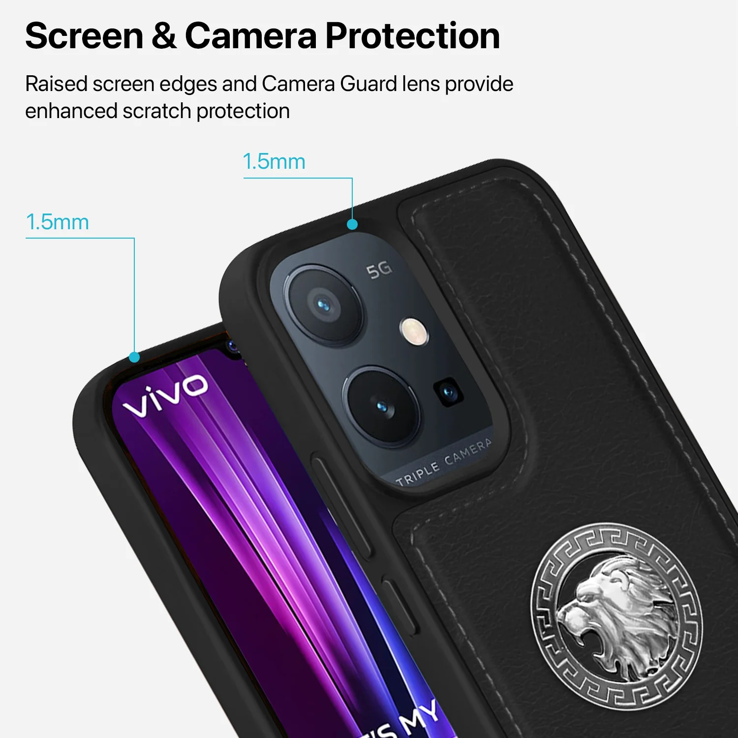 Vaku ® Vivo Y75 5G Regal Shield Metal Lion Engraved Leather Back Cover - Image 4