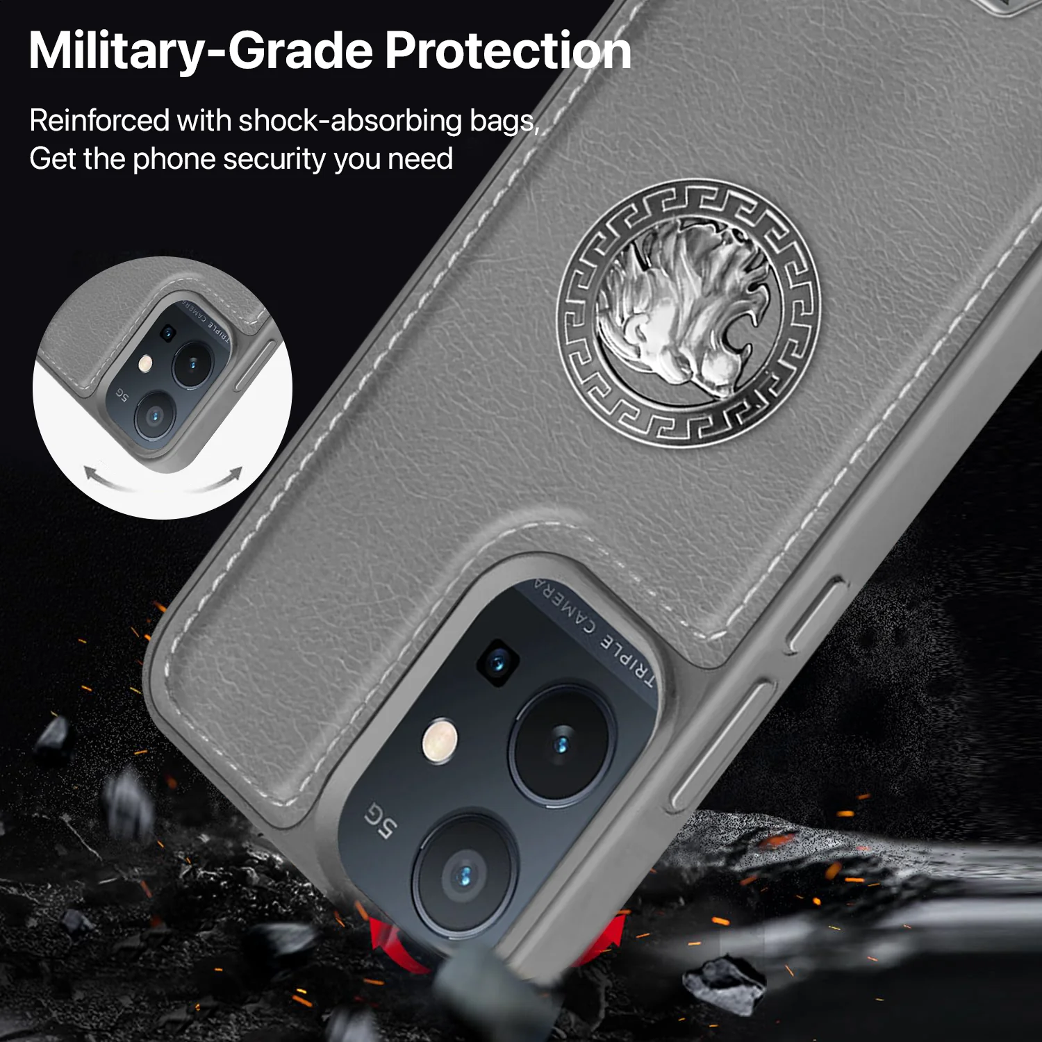 Vaku ® Vivo Y75 5G Regal Shield Metal Lion Engraved Leather Back Cover - Image 5