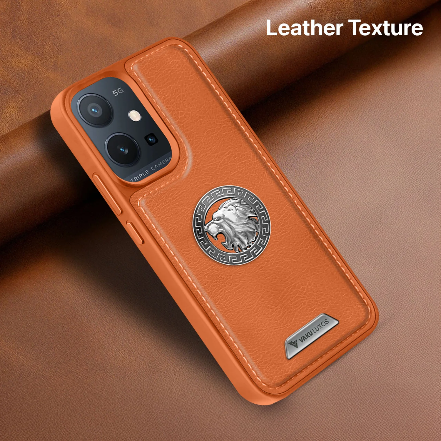 Vaku ® Vivo Y75 5G Regal Shield Metal Lion Engraved Leather Back Cover - Image 7