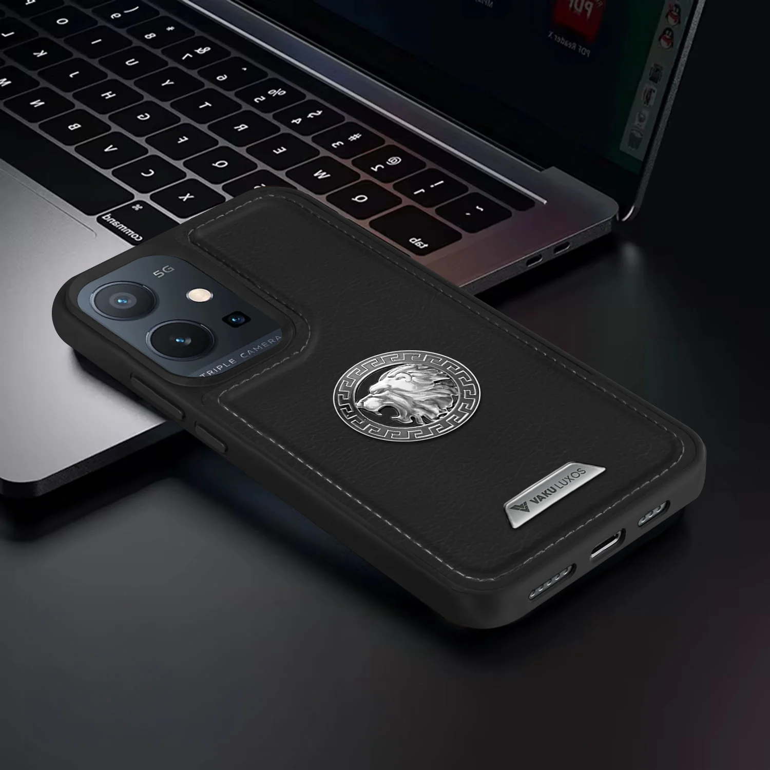 Vaku ® Vivo Y75 5G Regal Shield Metal Lion Engraved Leather Back Cover - Image 8